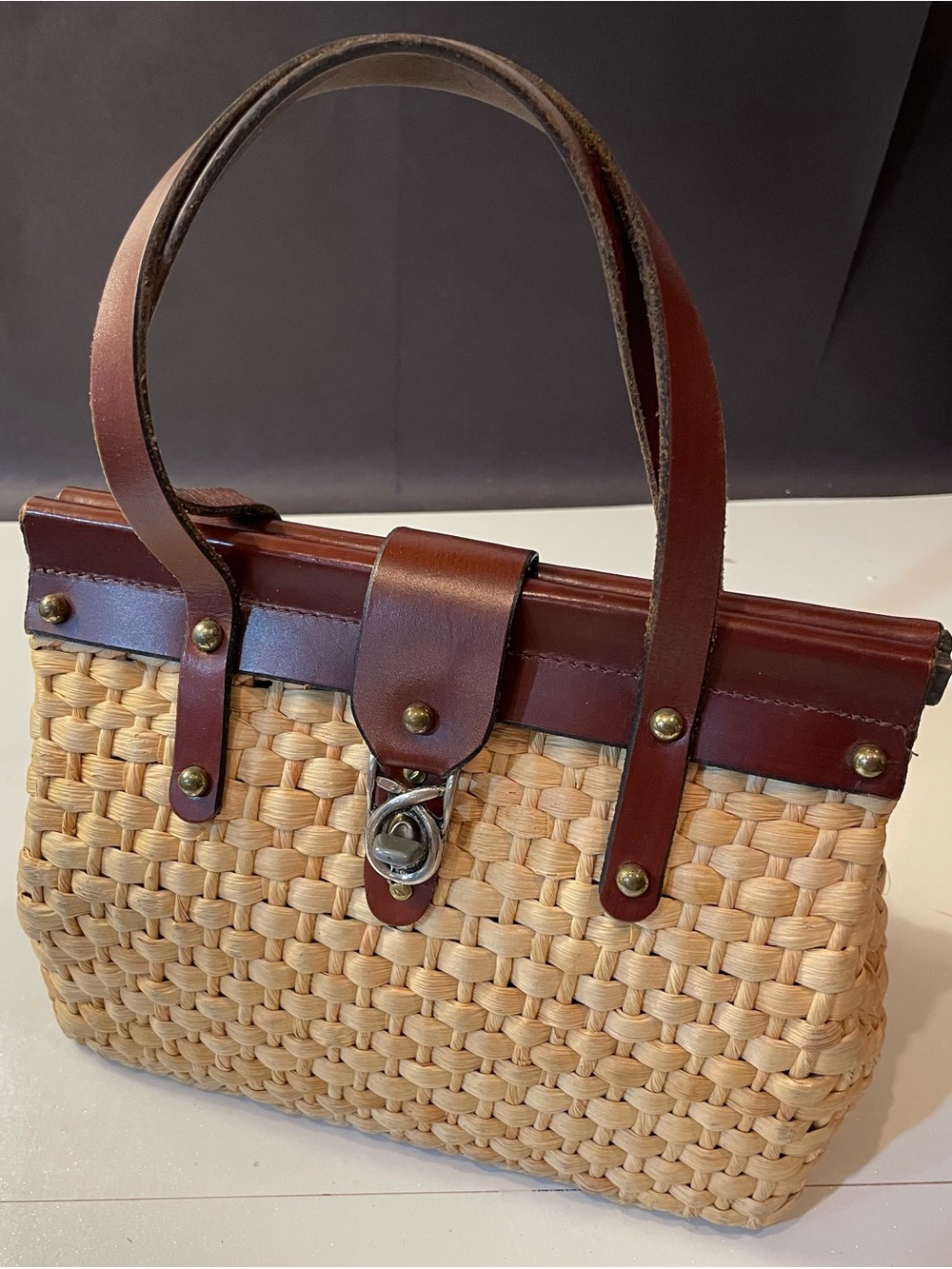 Vintage Woven Straw Tote with Brown Leather Trim